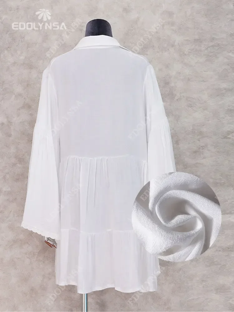 Women Swimsuit Cover Ups Mandarin Sleeve Kaftan Beach Tunic Dress Robe De Plage Solid White Pareo Beach Cover-ups  #Q429 - 5