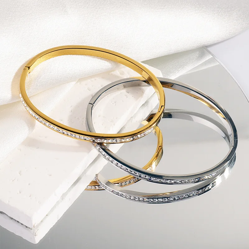 Bangle Bracelet Zircon Bracelet Single Line Square Zircon Bracelets For Women Girls 18K Wateproof Bangles Bracelets Dainty Female Jewelry Gifts to Wife Mom