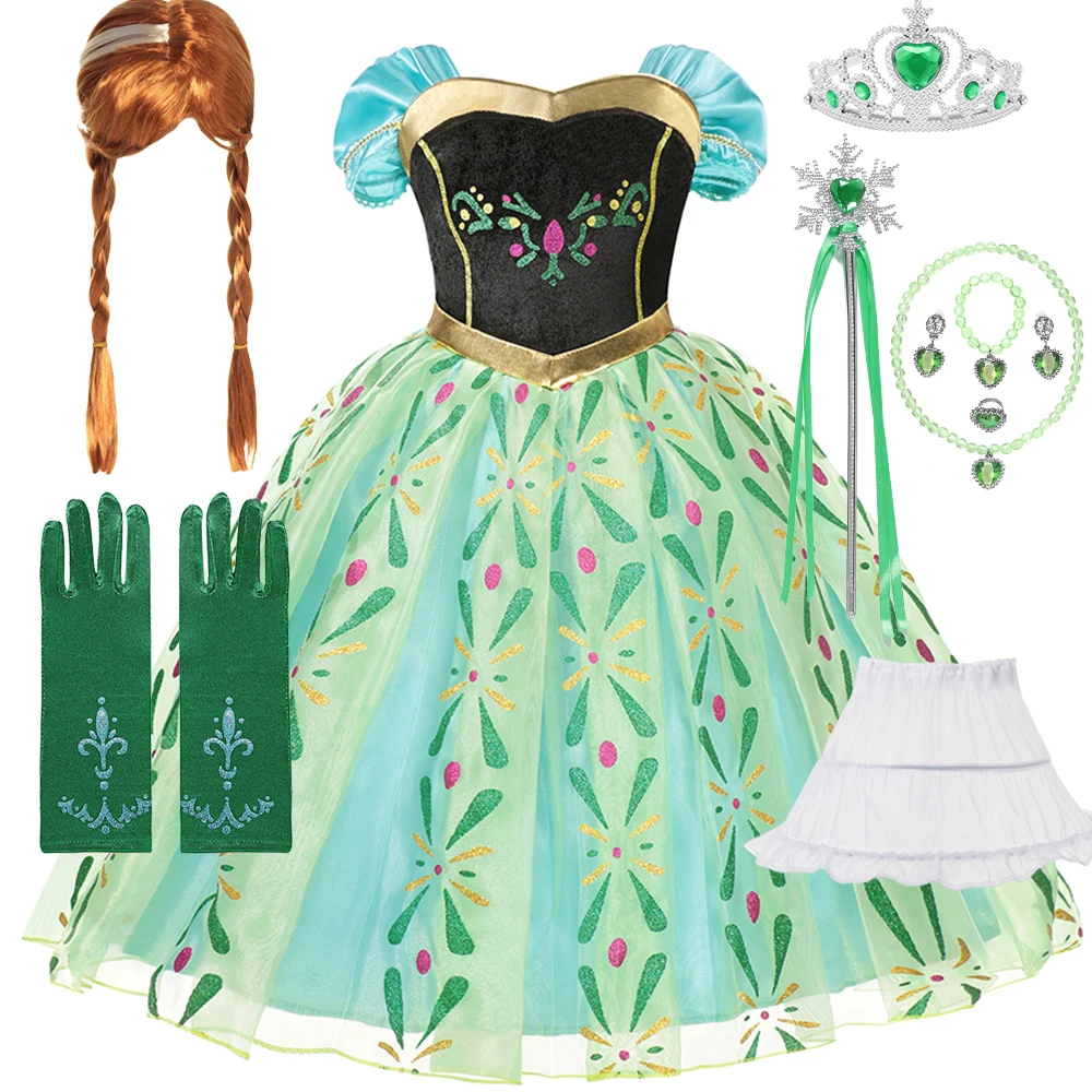 Frozen Disney Girls Anna Princess Dress Cosplay Costume For Kids Child Birthday Carnival Party 2024 Costumes+Wig For Girls Dress