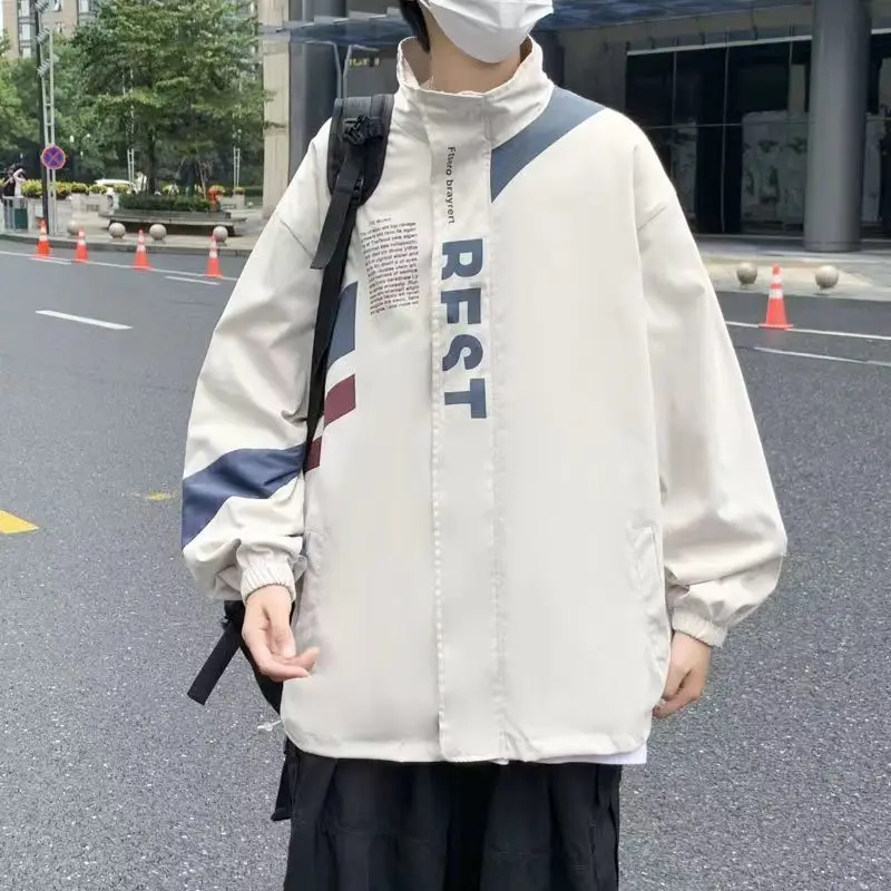 

Monogram Print Jacket Men's Harajuku Block Trench Coat Hip Hop Streetwear Baseball Uniform Loose College Jacket Plus-size Trend