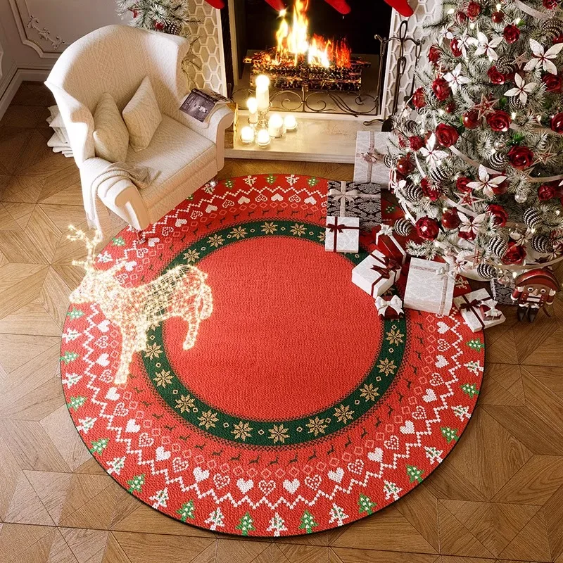 Round Scottish Living Room Carpet Elk Christmas Tree Bedroom Soft Rug Holiday Surprise Gift Colorful Plaid Mat 러그 Ковер Alfombra