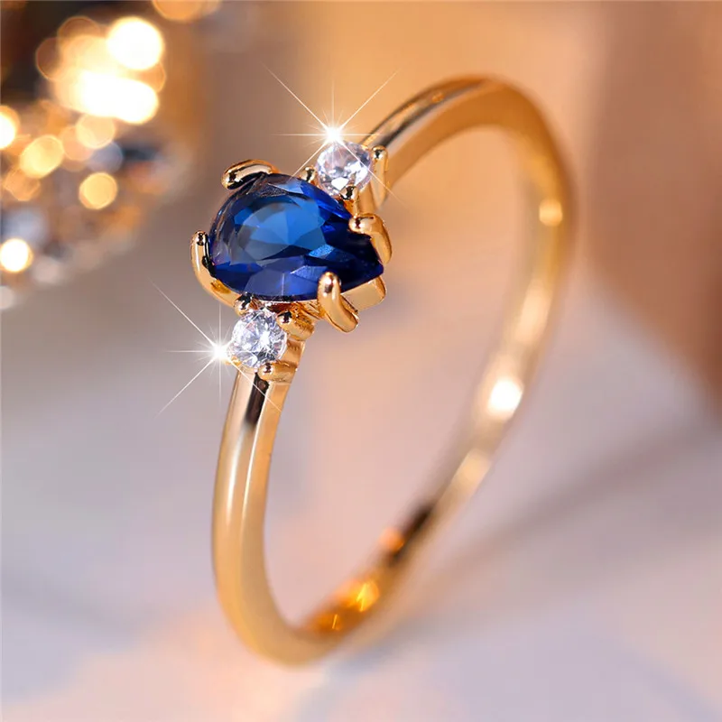 Luxury Female Small Blue Water Drop Zircon Stone Engagement Ring Trendy Gold Color Bride Wedding Jewelry Gift For Women