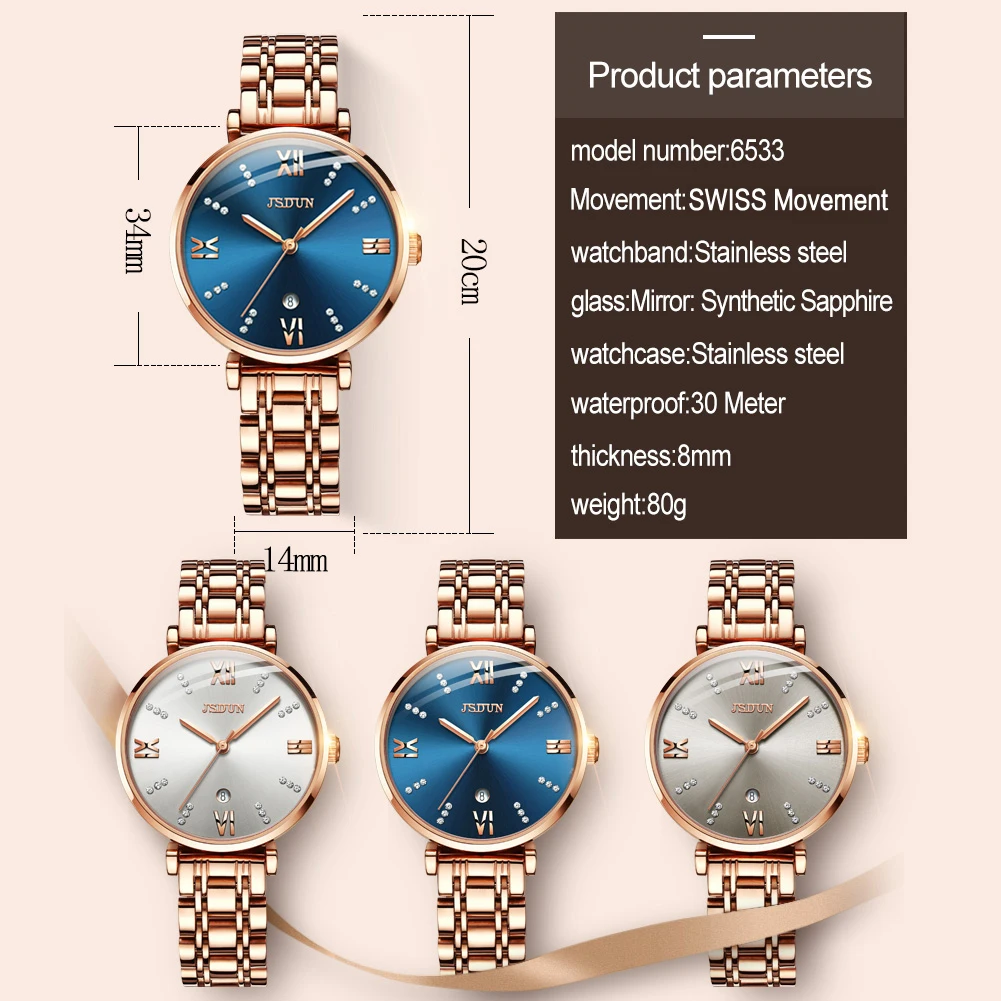 JSDUN Imported Swiss Quartz Watch for Women Luxury Rose Gold Sapphire Crystal Elegant Ladies Wristwatch Waterproof Girls Watch 5