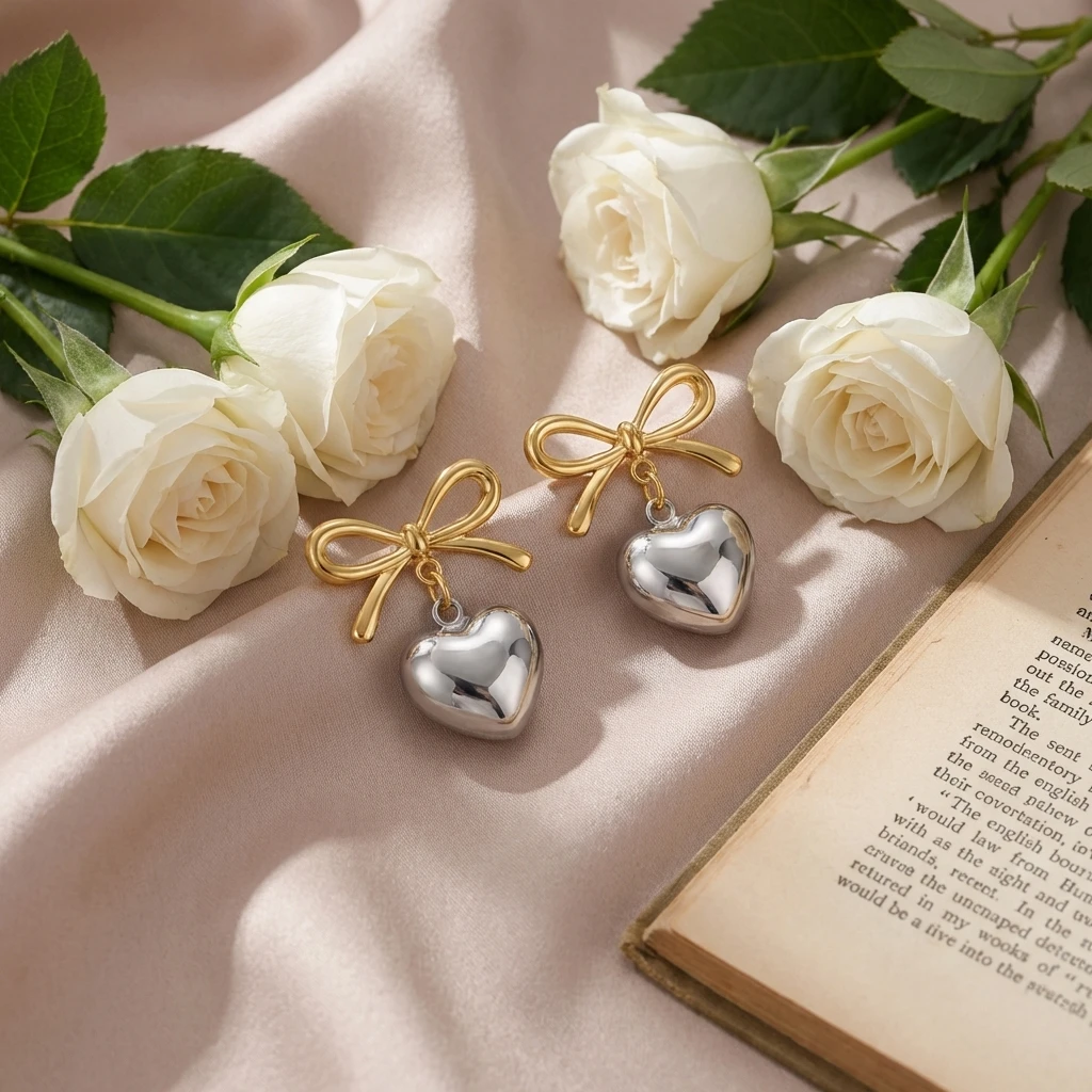 Wasserdichte Edelstahl-Bogenherz-Anhänger-Ohrringe für Frauen Romantische Imitationsperlen-Tropfenohrringe Party-Schmuck Geschenke – Detail 6