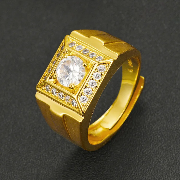 9999 24K Real Gold Gold Inlaid Gemstone Open Men's Ring European and American Style Adjustable