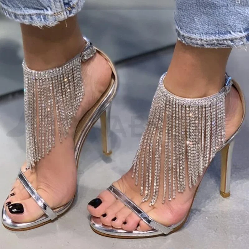 

Glittering Rhinestone Chain Fringe Ankle Strap High Heel Sandals Peep Toe Back Zipper Cage Shoes Silver Gold Metallic Leather