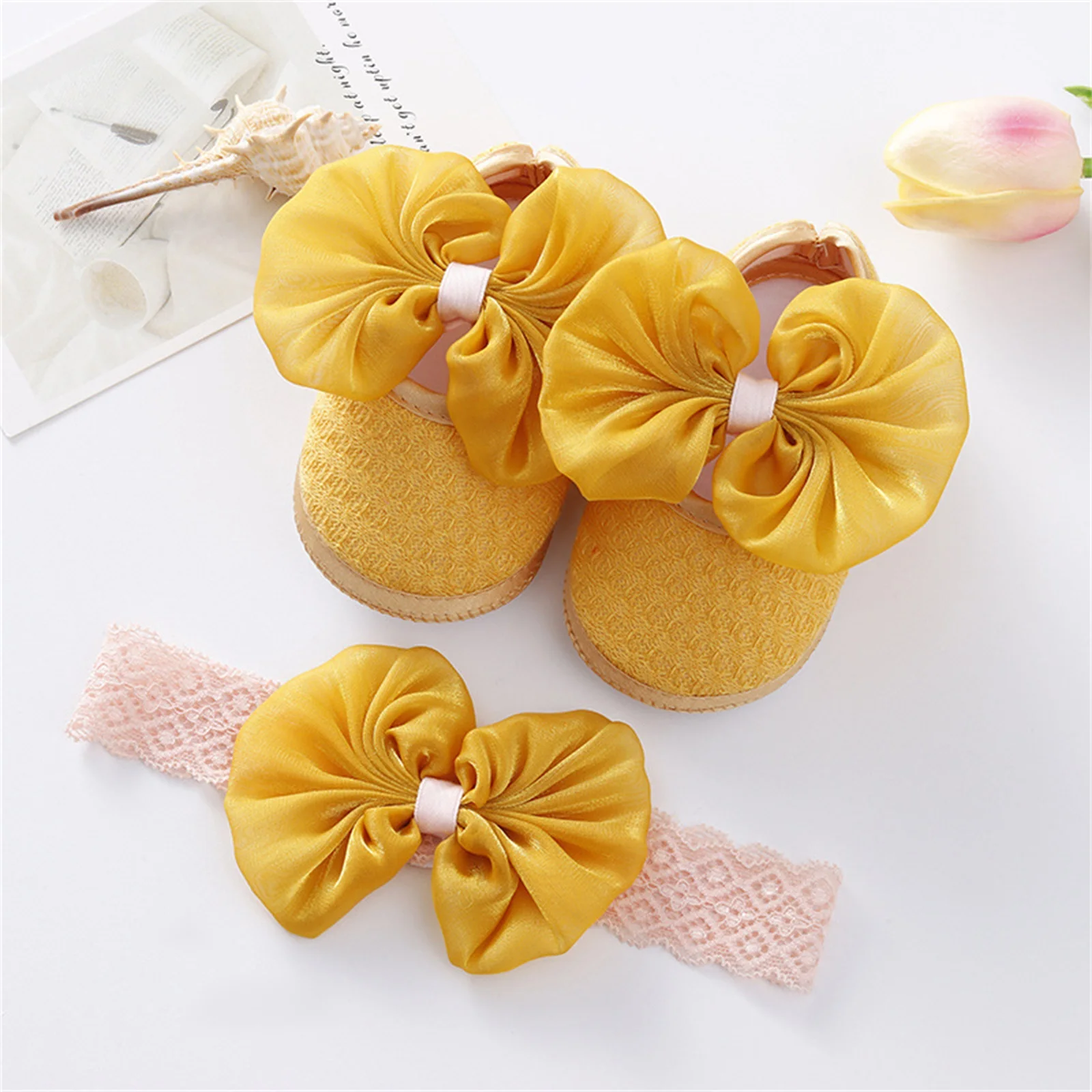 Pudcoco Infant Girl Flat Shoes for Spring Autumn Bowknot Soft Sole Anti Slip Crib Shoes + Lace Headband baby shoes soft sole shoes