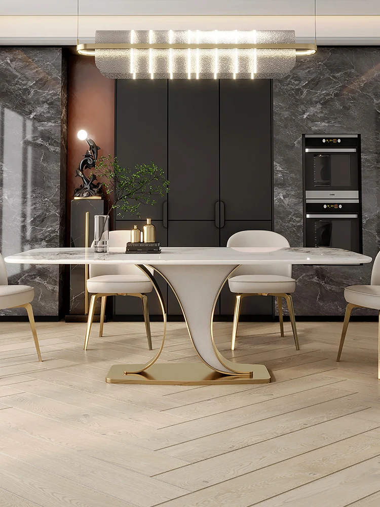 

Bright rock plate dining table light luxury modern simple high-end designer fashion luxury stone rectangular J household dining