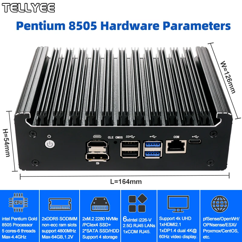 Intel Pentium Gold 8505 Soft Router 6 Lans i226-V 2.5G Fanless Mini PC COM HD DP USB Type-C DDR5 SATA pfSense Firewall Appliance 2