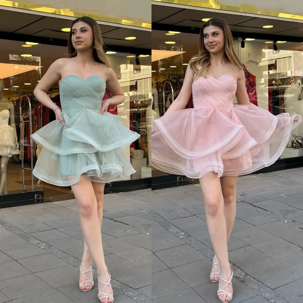 

Prom Dress Evening Saudi Arabia Organza Draped Tiered Pleat Quinceanera A-line Strapless Bespoke Occasion Gown Short Dresses