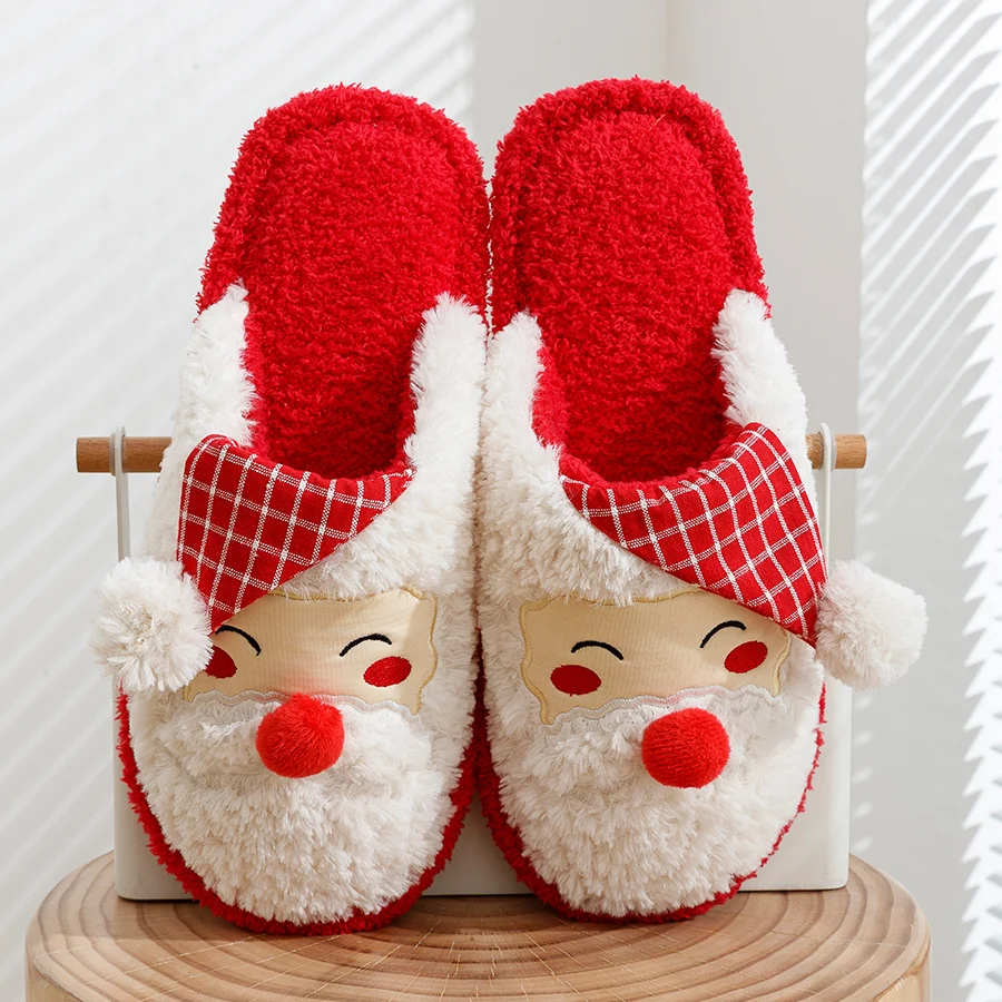 ASIFN Women Cute Christmas Slippers Santa Claus Cushion Girls Gift Home Slides Fluffy Winter Warm Cartoon Funny Houseshoes