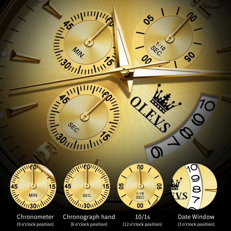 OLEVS 2867 Business Golden Stainless Steel Men Watches Luxury Brand Date Chronograph Luminous Waterproof Quartz Watch for Man