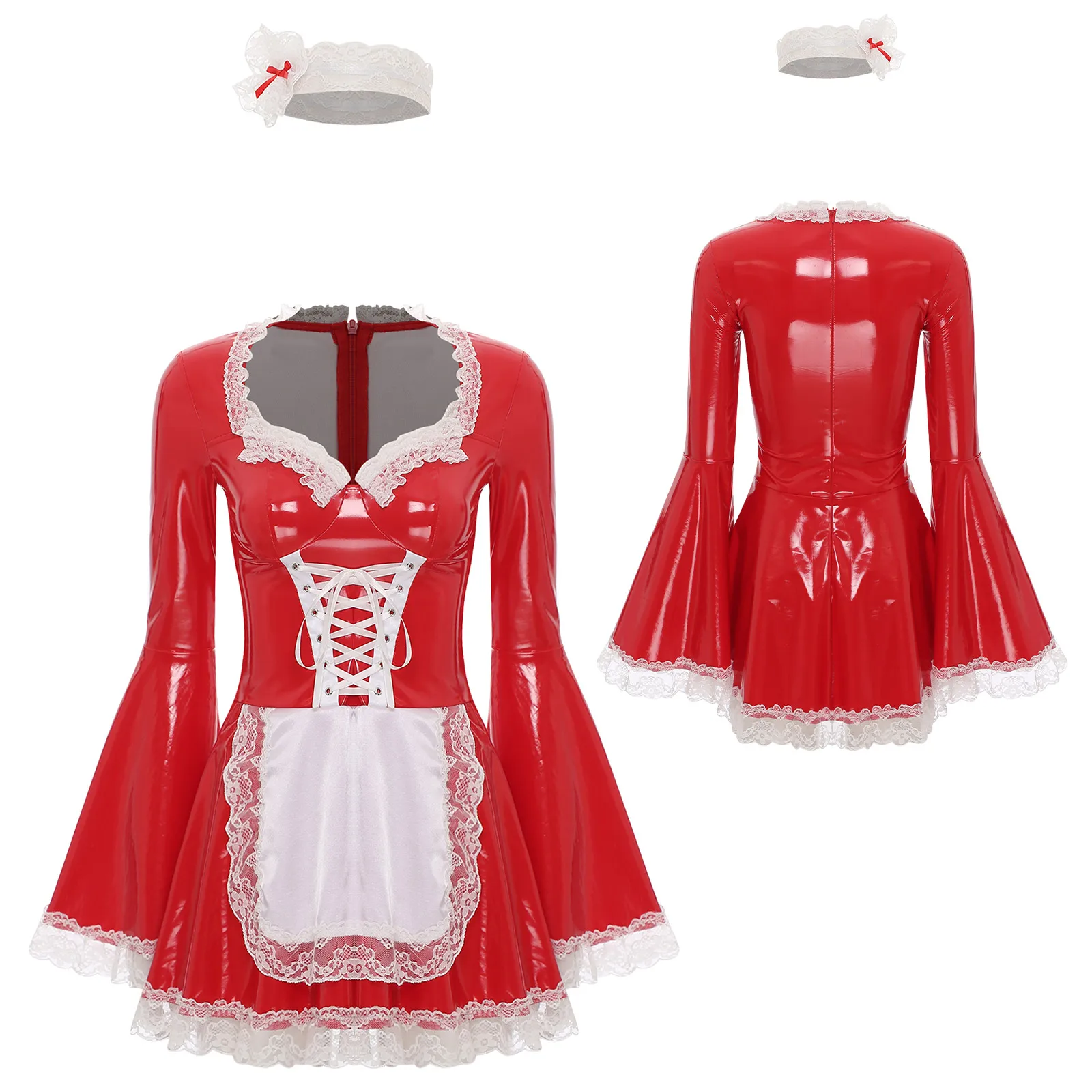 French Maid Cosplay Costume for Womens PU Leather Latex Maid Servant Dress V Neck Lace Trim Lace-up Waitress Dress with Headwear