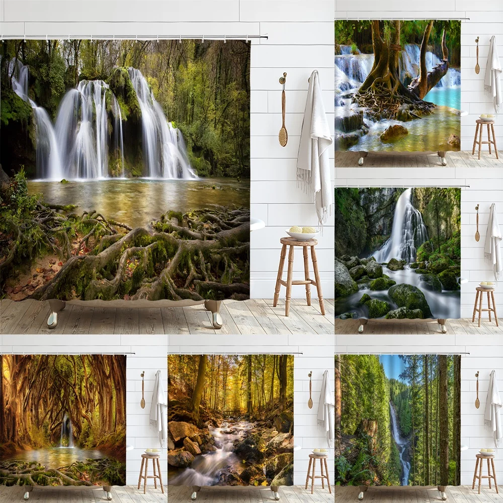 

Waterfall Shower Curtains Spring Tropical Green Jungle Primeval Forest Park Natural Floral Mossy Bathroom Decor Curtain Set Home