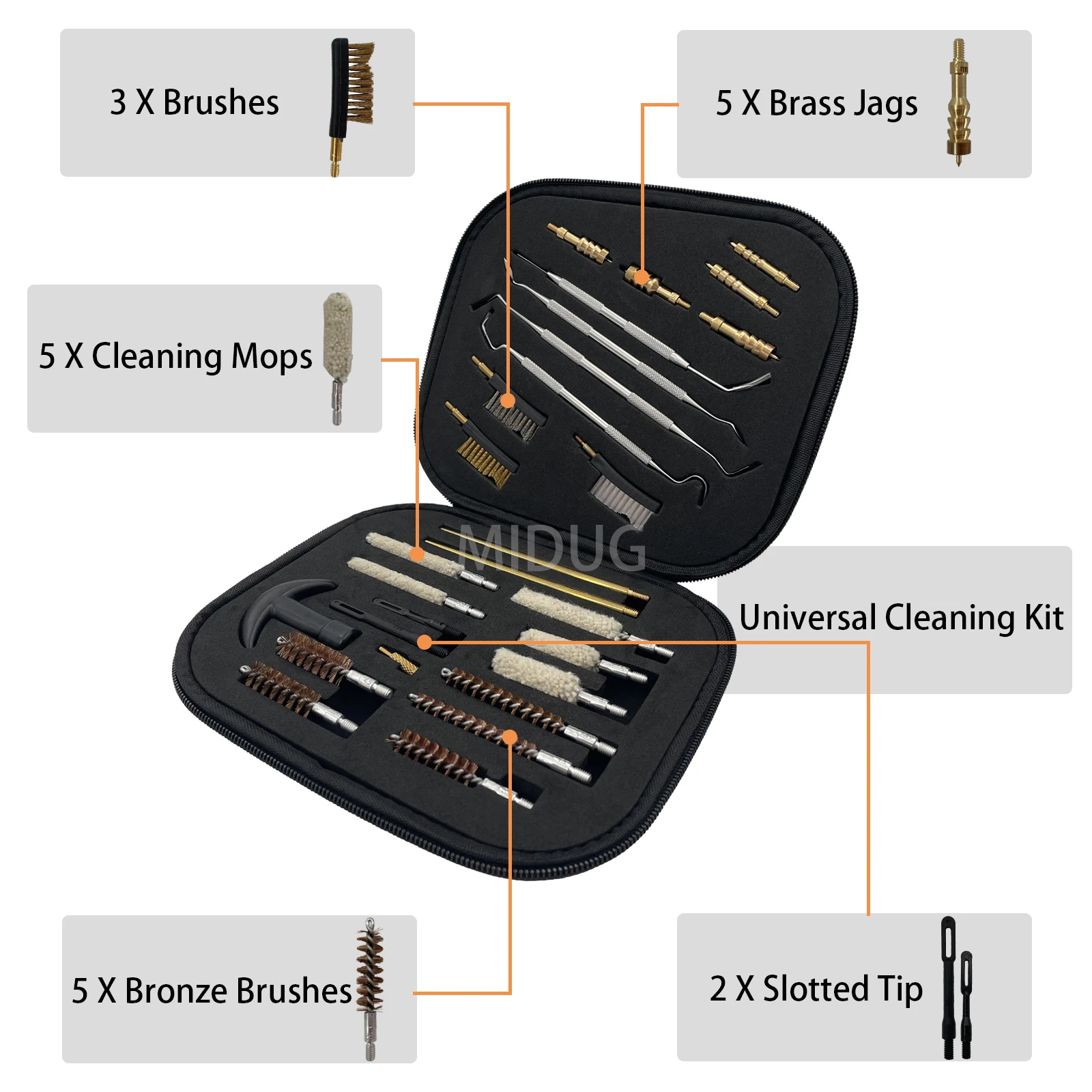 MIDUG Universal Handgun Cleaning Kit .22 Cal .40 Cal .45 Cal 9mm Pistol Cleaning Kit Bore Brush Brass Jag Stainless Steel Pick