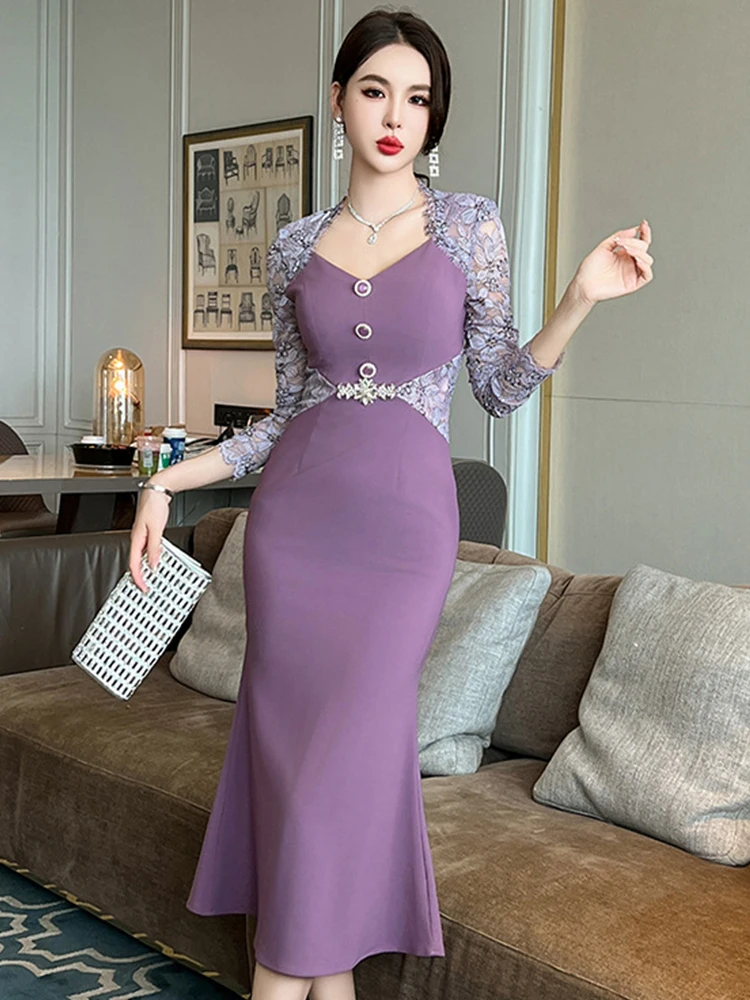 

New Spring Autumn Ladies Formal Occasion Mermaid Long Dresses Women Clothing Mujer Elegant Square Collar Slim Dress Robe Vestido