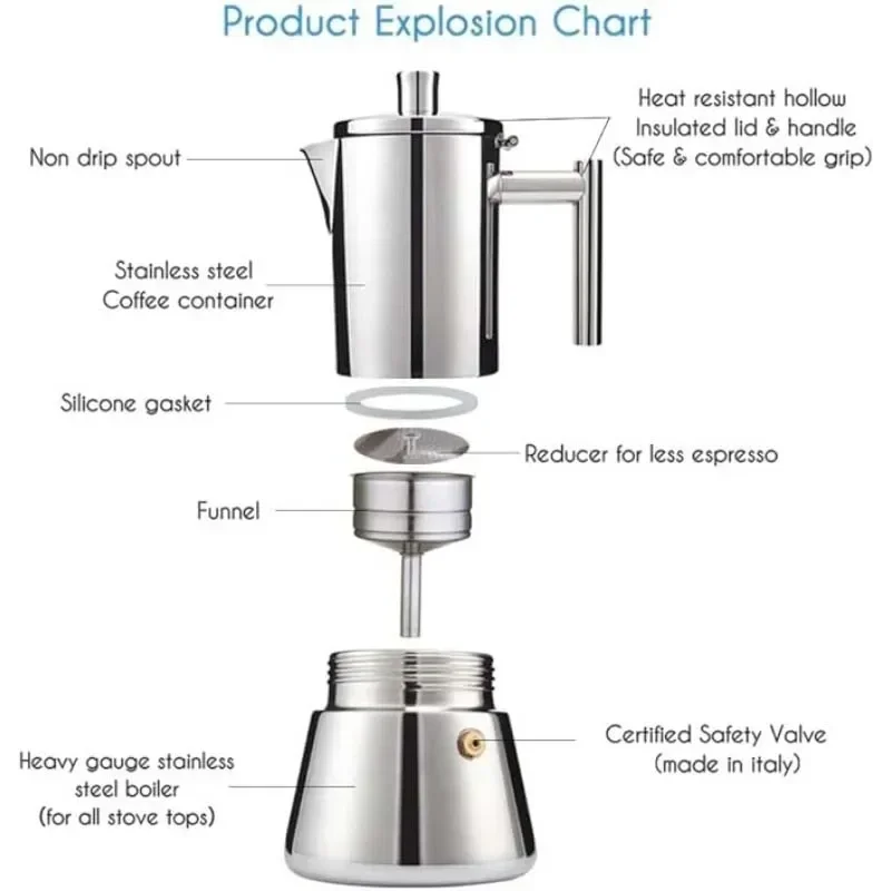 Stainless Steel Italian Coffee Machine Maker Classic Stovetop Coffee Maker Multiple Heating Moka Pot Home Use Easy Clean espresso coffee maker coffee maker coffee pot espresso maker