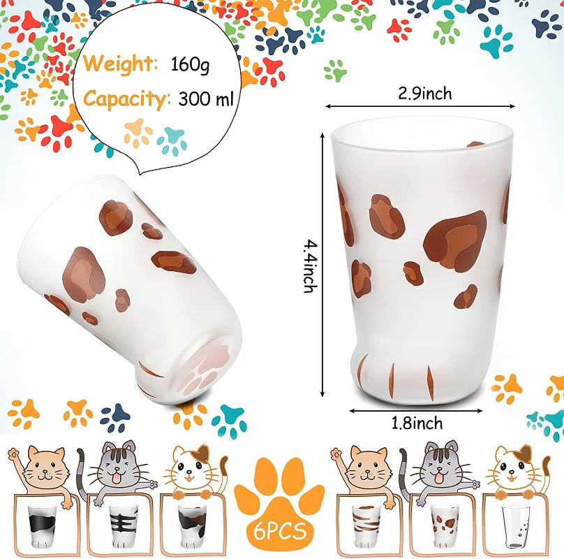 300ml Cute Cat Paw Glass Cup Frosted Print Cat Foot Coffee Mug Household Kawaii Milk Bubble Tea Cups Glasses for Water Juices