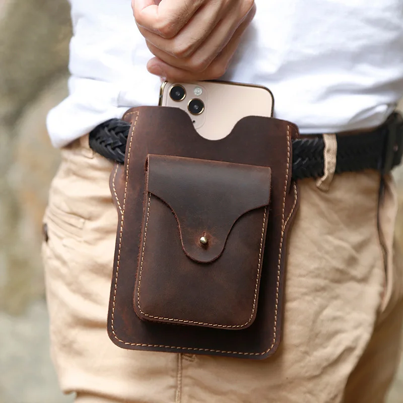 

Crazy Horse Men's Waist Bag Outdoor Genuine Cowhide Cellphone Holster Mens Belt Bag Vertical Phone Pouch Wallet Phone Case