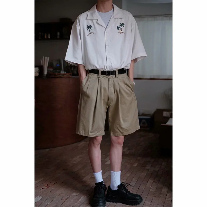 Dark Icon Coconut Tree Button Down Collar Vintage Men's Shirt Short Sleeve 2024 Summer Cargo Shirts for Man Black White 2