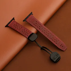 Deluxe Magnetic Leather Watch Band - Breathable Bracelet Design - 44mm 45mm 46mm 49mm (B - Wine Red)