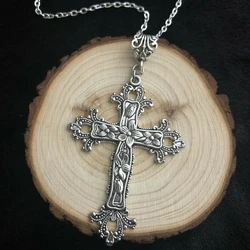 Victorian - Inspired Gothic Silver Cross Necklace with Extra - Long Chain (1)