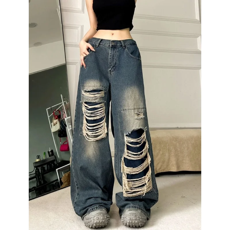 Deeptown Vintage Ripped Jeans Y2k Style Baggy Pants Woman Korean Fashion Blue Denim Trousers Grunge Streetwear High Waist Gothic