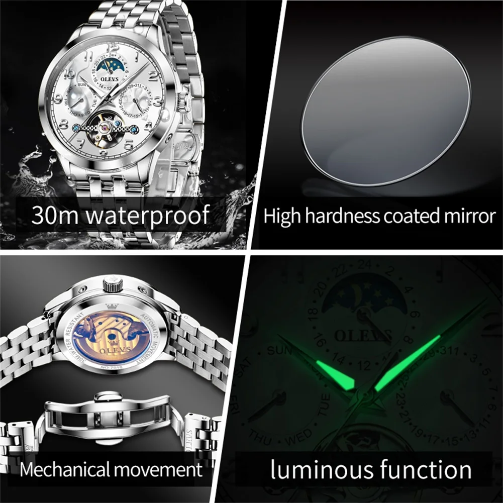 OLEVS Brand New Luxury Tourbillon Mechanical Watch for Men Stainless Steel Waterproof Calendar Fashion Moon Phases Watches Mens