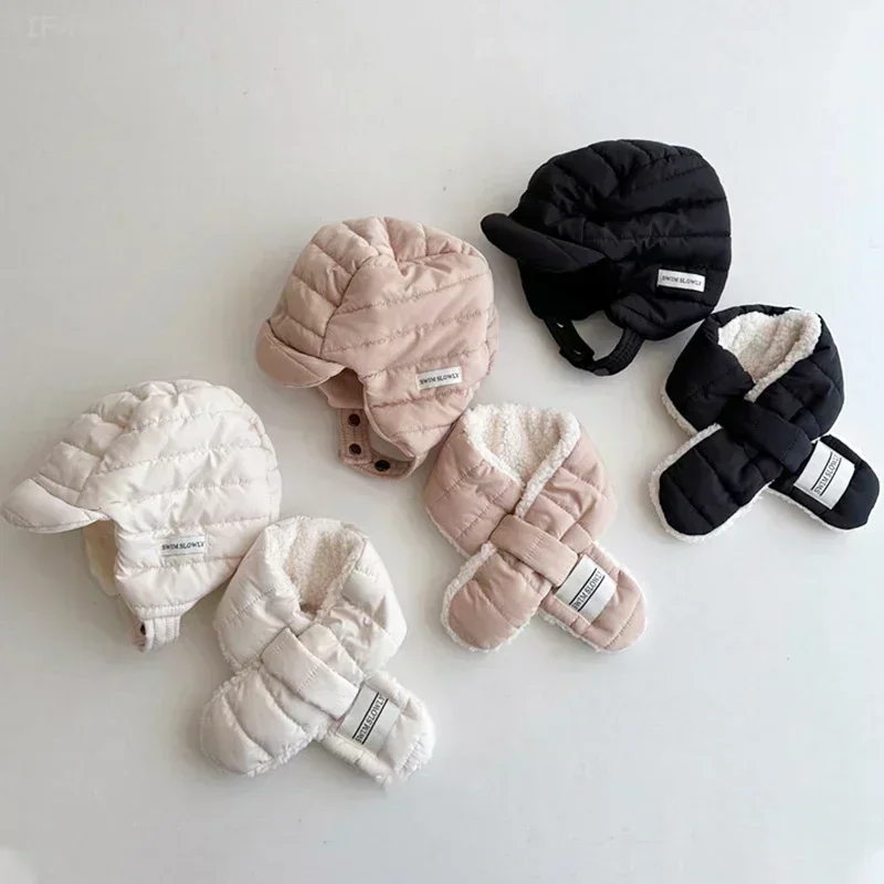 Korean Boy Girl Baby Hat Scarf Set Winter Child Thicken Windproof Ear Protection Kid Warm Hats Autumn Cotton-padded Lei Feng Cap