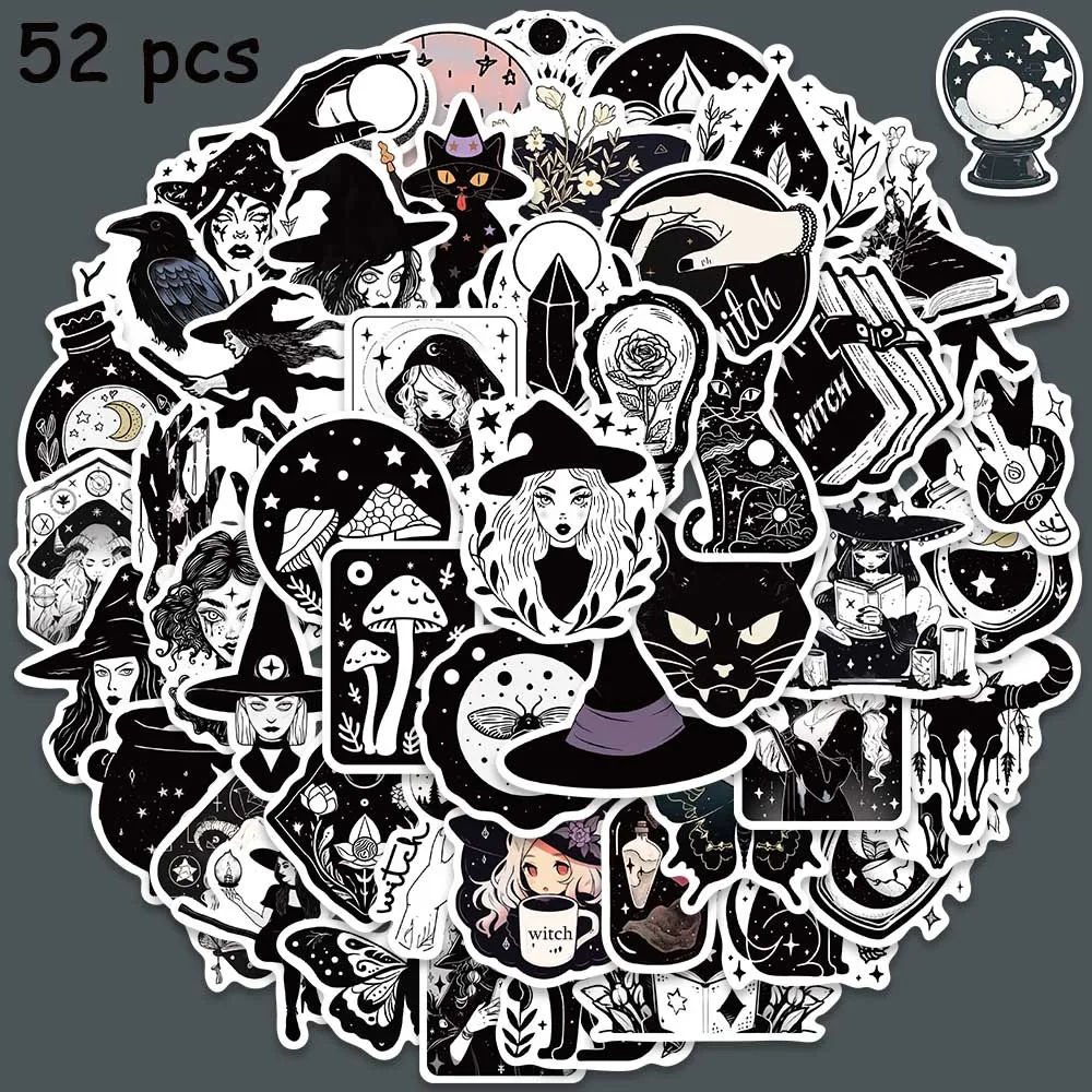 50pcs Black White Gothic Magic Witch Stickers Funny DIY Graffiti Decals For Laptop Suitcase Skateboard Water Bottle Sticker 10 30 50pcs gothic black and white skull decal sticker diy laptop luggage suitcase ipad guitar skateboard sticker wholesale