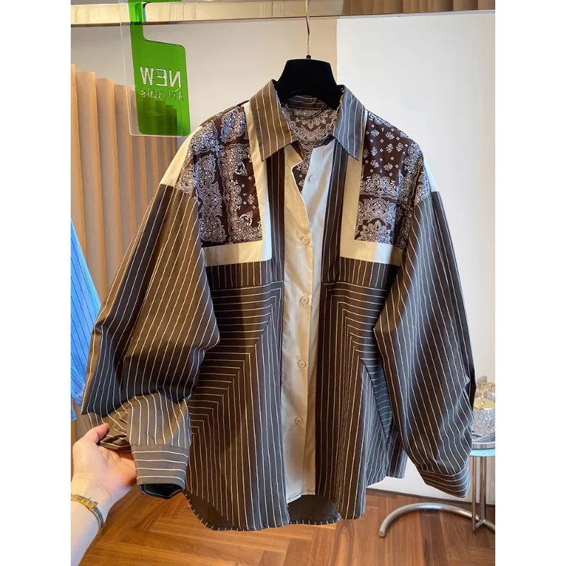 SuperAen 2024 New High-end Loose Casual Retro Style Print Blue Striped Long-sleeved Shirt Women\'s Spring and Autumn Shirt