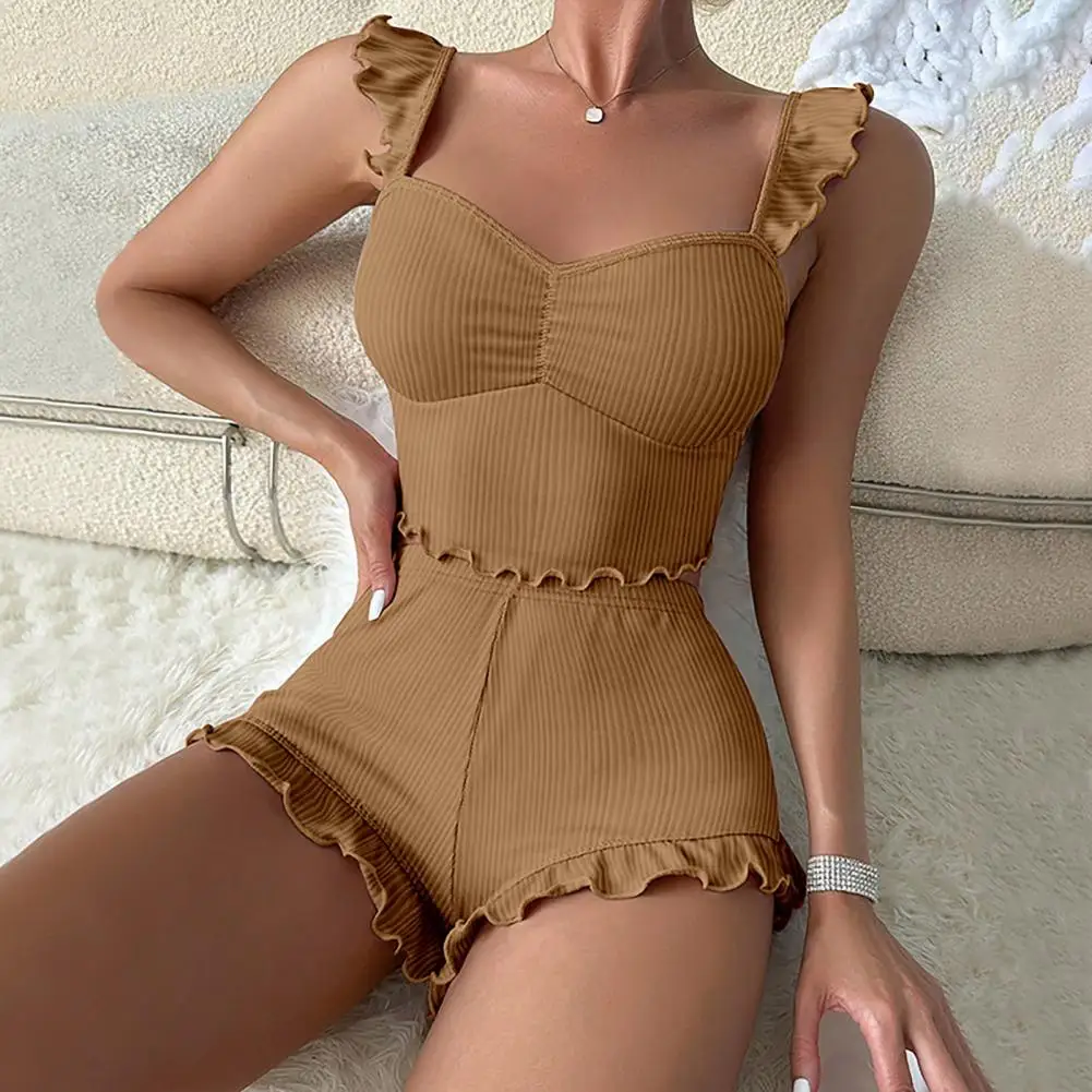 Sleeveless Crop Top Women's Summer Pajamas Set With Shirring Low-cut Crop Top High Waist Shorts Sleeveless Homewear For Comfort round neck sweater men s round neck solid color sweater with elastic cuff spring fall pullover simple style soft for comfort