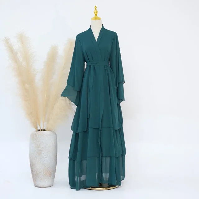 Mousseline de soie Abaya Kimono dubaï musulman Cardigan couches Abayas femmes Robe décontractée femme Islam vêtements avec ceinture Abaya tenues arabes