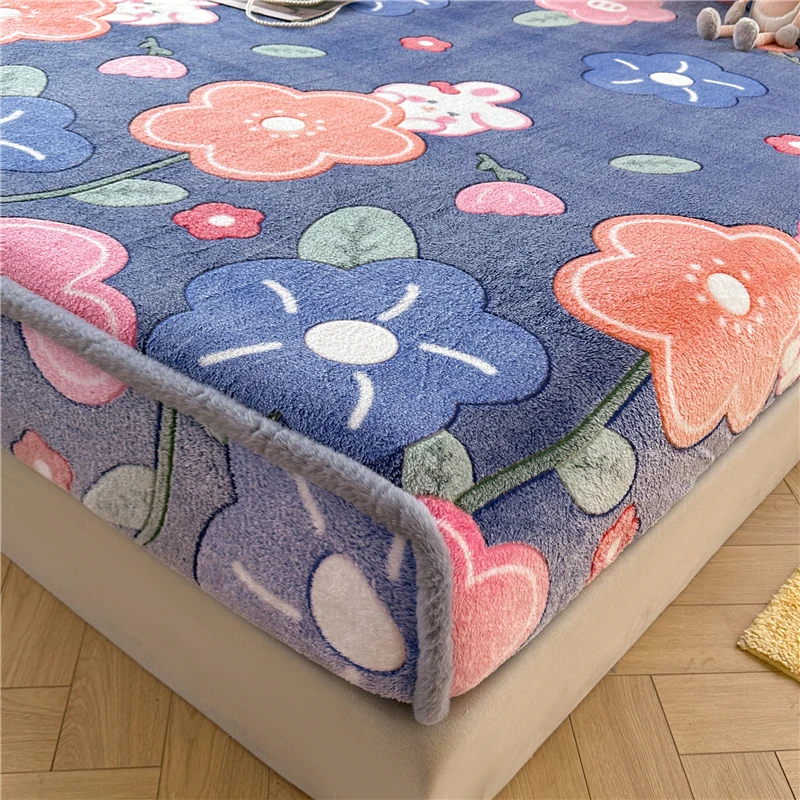 WOSTAR Winter thermal velvet fleece fitted sheet elastic mattress protector cover double bed couple fluffy flannel bed linen 150 4