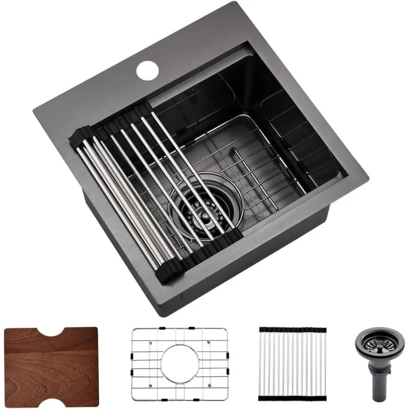 15 Inch Black Drop In Bar Sink Bar Outdoor Rv Sink 16 Gauge Black Stainless Steel Single Bowl Kitchen Sink with Cutting Board 2
