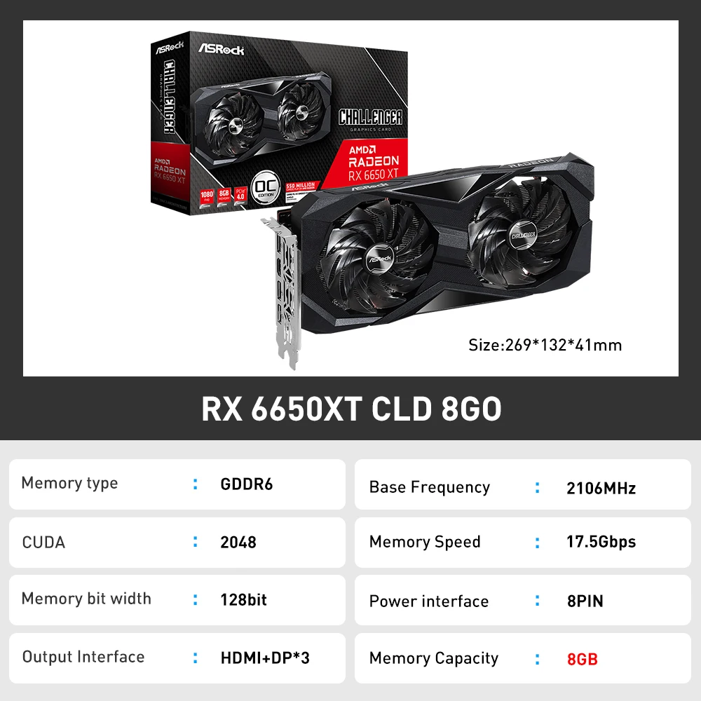 ASRock AMD Radeon RX 6650 XT Challenger D 8GB OC Placa de vídeo RX 6650XT  GDDR6 128bit Video Cards GPU DeskTop Graphics Card - AliExpress