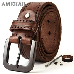 Natural Leather Belt Men's Hard Metal Matte Buckle Men's Original Leather Belt 100-150cm Jeans Belt Screw Accessories