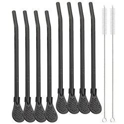 Silver Reusable Stainless Steel Filter Straws and Spoon Set for Cocktails and Tea (8 Pieces) (Black)