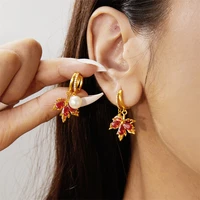 Fashion Leaf Maple Crystal Drop Stud Earrings for Women Pearl Tassel Chain Dangle Hoop Jewelry Wedding Party Piercing Green Gift - Image 4
