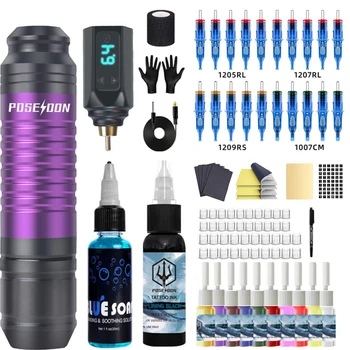 Tattoo Pen Kit POSEIDON Tattoo Pen Kit With Power Supply RCA Interface Tatto Kit Tattoo Gun Kit Tattoo Rotary Electric Pen