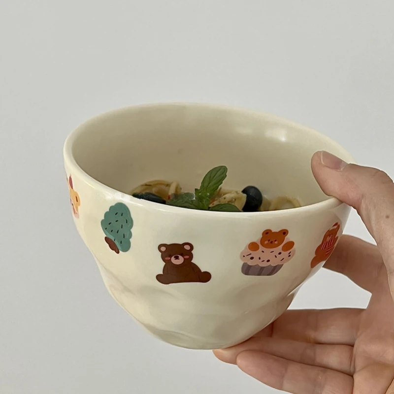 Ins 만화 세라믹 그릇, 크리에이티브 러블리 핸드 헬드 밥 그릇, 일본 하이 뷰티 콩지 그릇, 샐러드 디저트 그릇 