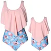 2025 Family Set Mother Daughter Matching Swimsuits Ruffled Leaf Mommy and Me Swimwear Fashion Women Girls Bikini Dresses Clothes 1