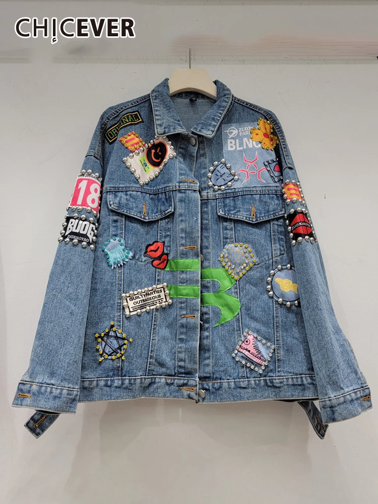 

CHICEVER Casual Vintage Patchwork Embroidered Flares Denim Coats For Women Lapel Long Sleeve Streetwear Hit Color Jackets Female