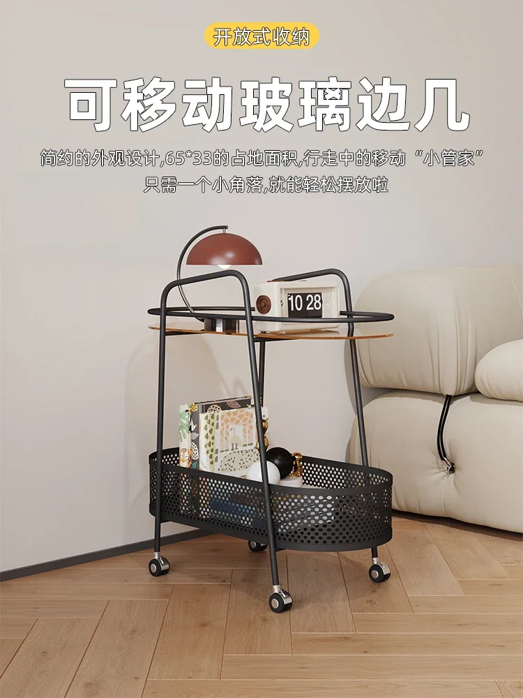 

Light luxury sofa, glass edge table, movable living room, small tea table with wheels, small cart, snack rack, corner table