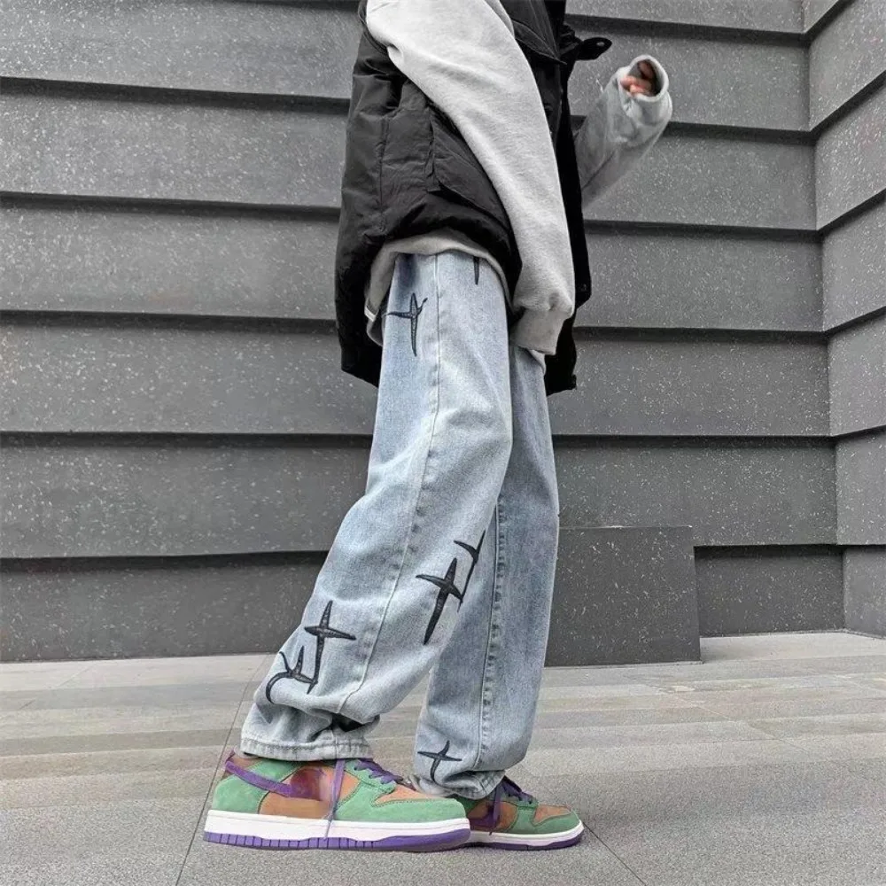 Cross Stars Embroidery Jeans Men Street Trend Patch Retro Blue Loose Straight Wide Leg Trousers cargo pants men clothing