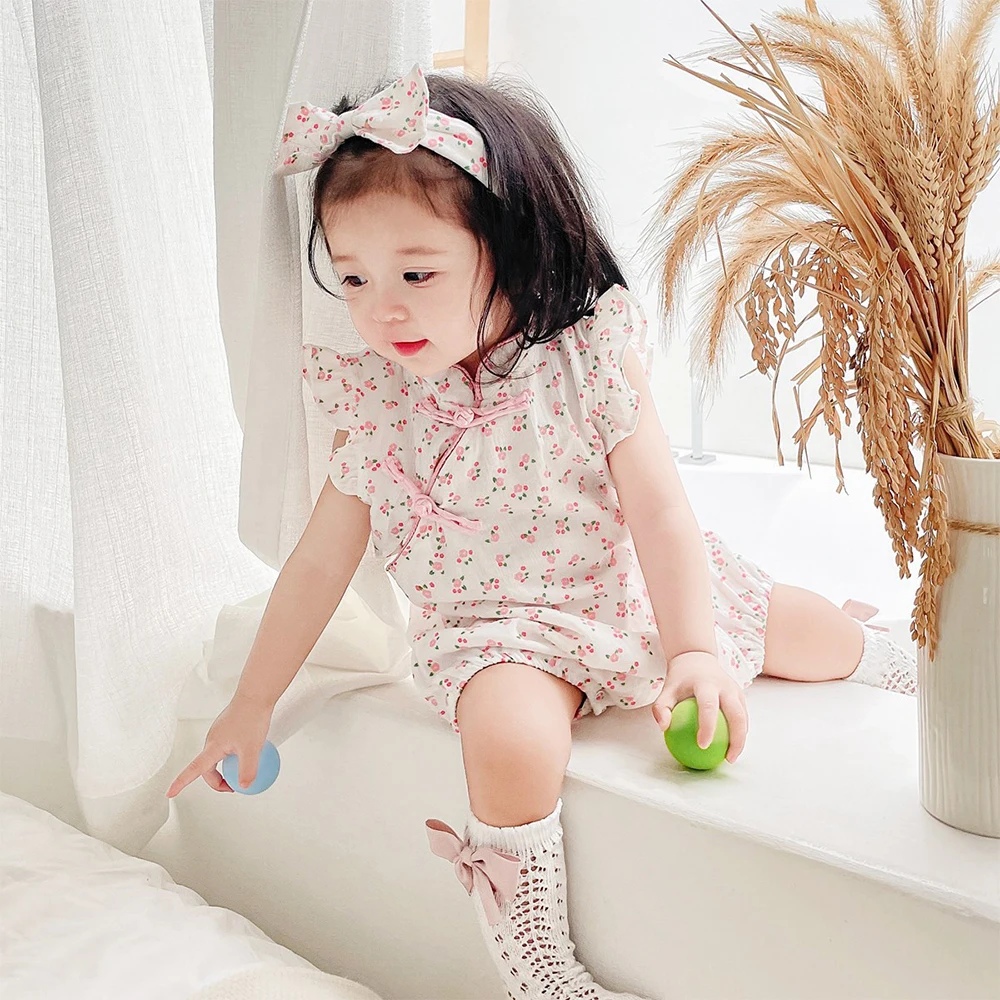 

Coolapeach Chinese Style Clothes Newborn Baby Girl Short Sleeve Romper Soft Cotton Infant Cheongsam Summer Jumpsuit Fit 0-3Years