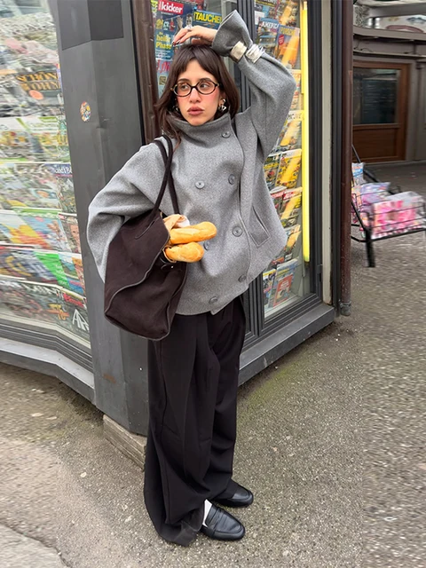 Elegant Women's Coat High Stand Collar Full Sleeve Double Breasted Solid Female Coats 2025 Autumn Fashion High Street Lady Top 2