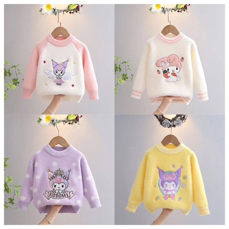 

Sanrioed My Melody Kuromi Girls' Warm Knitted Sweater Kawaii Printed Sweet Round Neck Sweater Top Kids Children's Bottom Shirt