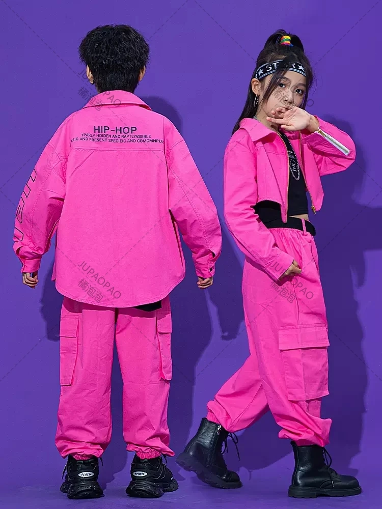 Pink Hip Hop Dance Clothes For Kids Kpop Costume Tooling Coat Cargo Pants Girls Concert Group Hiphop Performance Outfit JUPAOPAO girl dance costume children costumes