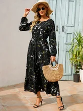  Women Elegant Floral Printed Long Dresses Spring Summer Casual O Neck Long Sleeve Ladies Chic High Waist A Line Beach Dresses 